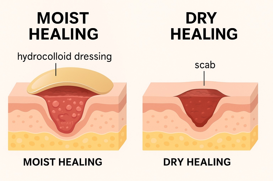 Illustration comparing moist wound healing using hydrocolloid dressing versus dry healing with scab formation.