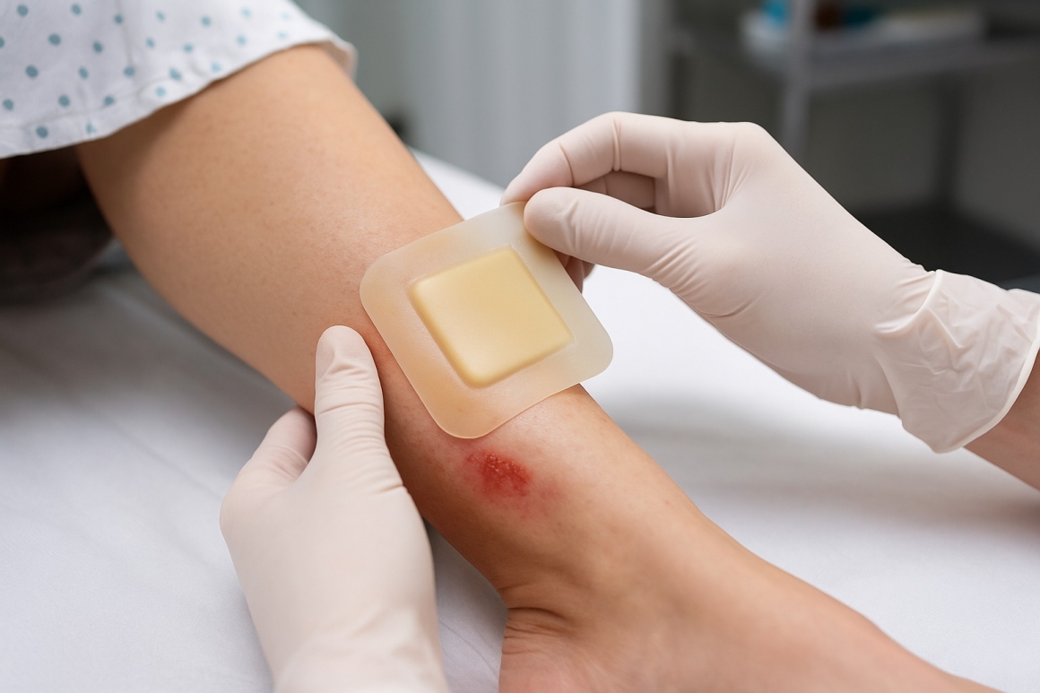 Clinical photo of hydrocolloid dressing being applied on a superficial wound on the leg by a healthcare professional.